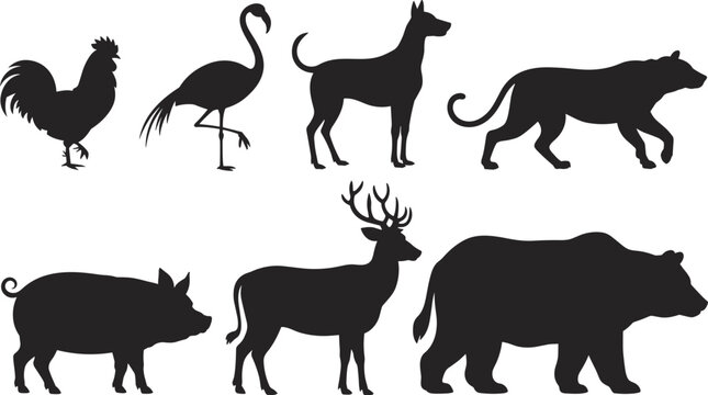 Animal silhouette illustration, eight diverse wildlife figures including rooster, flamingo, dog, panther, pig, deer, and bear, vector art, black silhouettes, isolated, bold, striking design