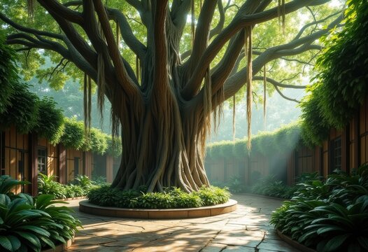 Magnificent Banyan Tree Aerial Roots Enveloping Courtyard Serenity Organic Splendor