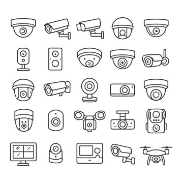 Security camera line icons set featuring various surveillance devices.