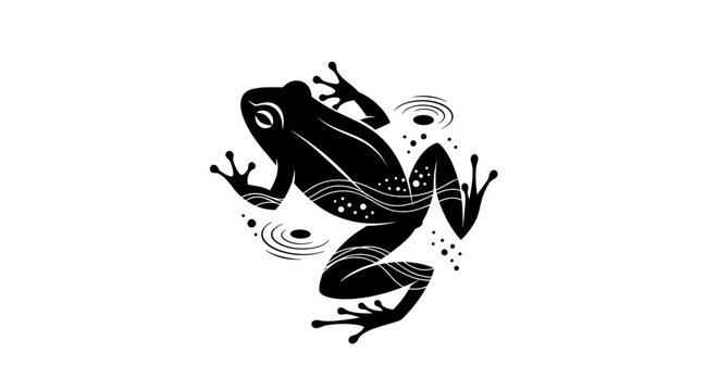 Stylized Black Frog Illustration with Water Ripples.