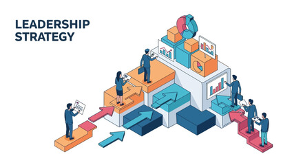 Isometric vector illustration shows a team of business people collaborating on a startup strategy presentation with charts and graphs on a multi-level structure against a white background © HambaTuhanImages