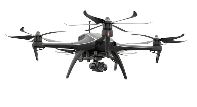 Professional black hexacopter drone with 4K gimbal camera, industrial multirotor UAV for aerial photography, high-tech surveillance aircraft isolated on Transparent Background