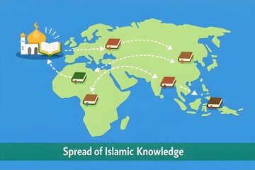 Naklejka premium Map showing the historical spread of islamic knowledge across europe, asia, and africa