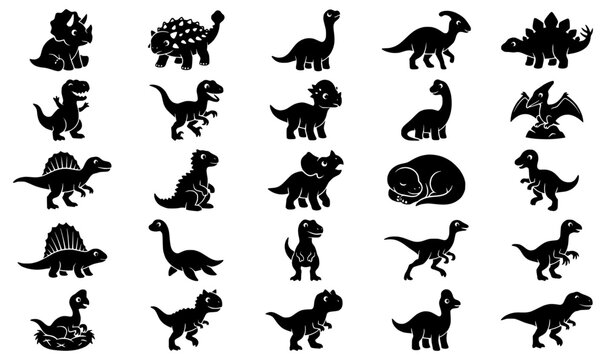 Collection of playful prehistoric animal silhouettes featuring diverse dinosaur species in various poses