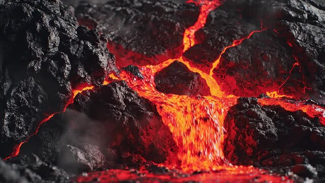 animazione 3D realistica che mostra della lava che esce dalle spaccature di una superficie rocciosa