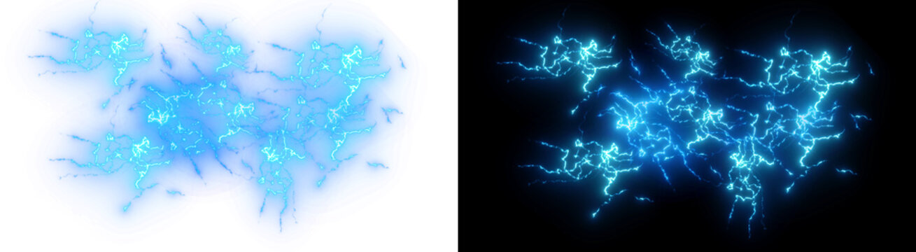 PNG image of Electric blue lightning bolts, glowing plasma discharge sparks, energetic thunderbolt strike effect, bright cyan electrical current illustration isolated on Transparent Background
