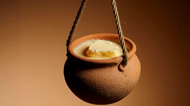 Hanging clay pot filled with milk and floating yellow butter. Traditional terracotta vessel suspended by rope against a brown background. Janmashtami festival offering