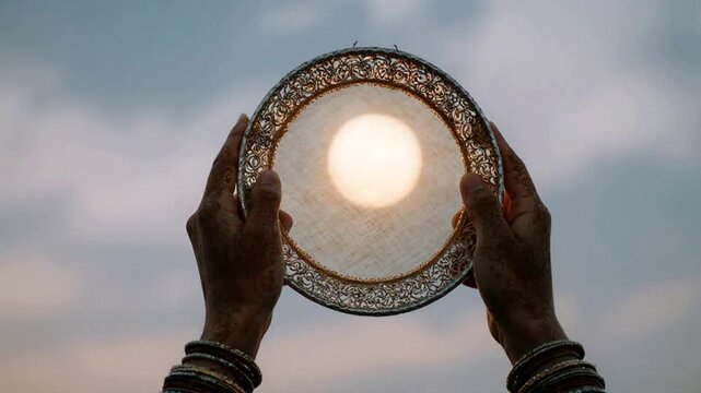Woman holding a decorative sieve during Karva Chauth ritual. Hands with henna and bangles against the sky. Indian festival tradition