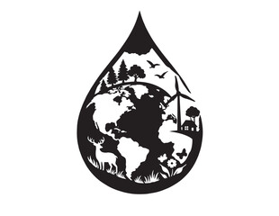 Eco-friendly water drop vector graphic, sustainable Earth globe illustration, nature conservation symbol, environmental protection concept art for green initiatives. © Prodeep