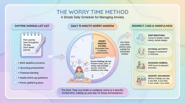 Worry time method structures anxious thoughts. Anxiety management infographic shows parking-list notes, fifteen-minute worry window, redirect cues, grounding, daily coping practice