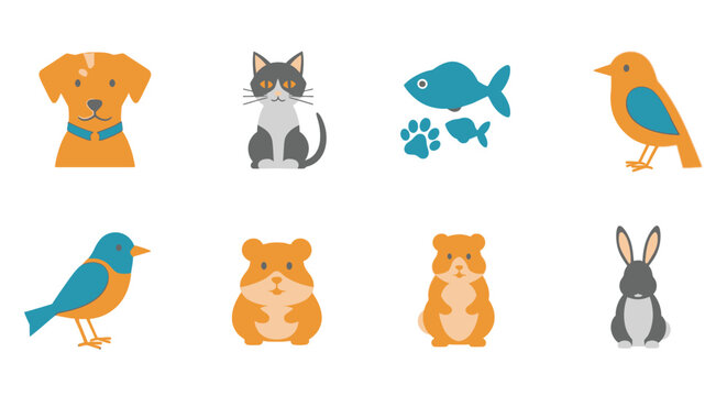 Collection of vector animal icons featuring dog cat fish bird hamster and rabbit
