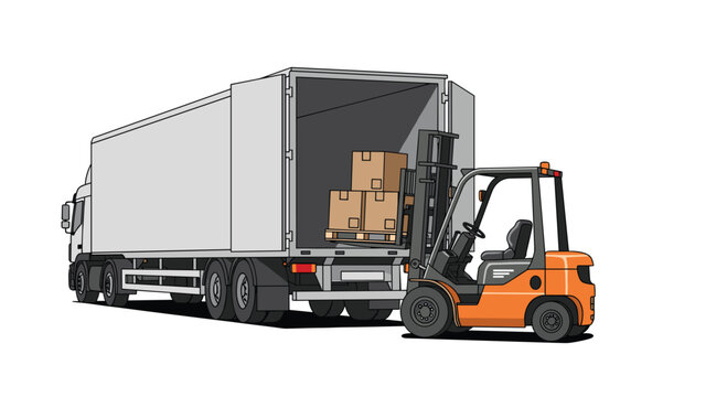 An orange forklift loads a pallet with three brown boxes into the open back of a white semi-trailer truck on a white background.
