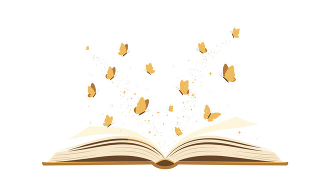 An open book with a brown cover releases many golden butterflies and sparkling stars on a white background.