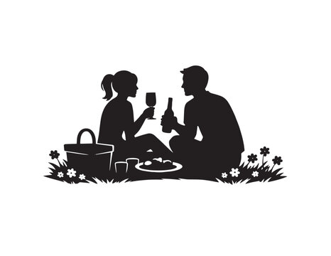 Romantic picnic silhouette, couple enjoying wine and food outdoors, black and white vector illustration for leisure and date night concepts