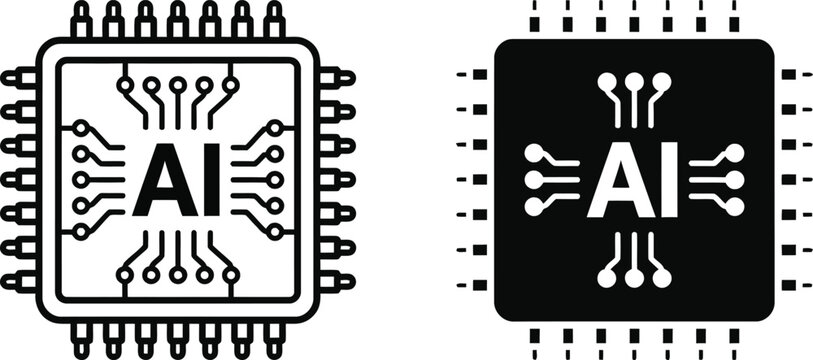 Artificial intelligence AI chip vector icon set featuring semiconductor processor microchip and neural circuit board silhouettes