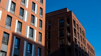 Fototapeta premium Modern Urban Residential Architecture with Terracotta Facade and Dark Brick Textures under a Clear Blue Sky