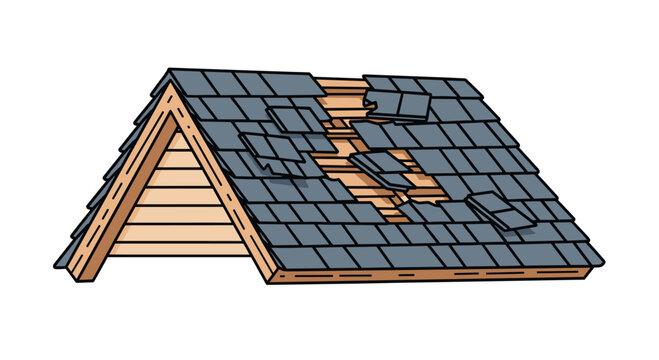An illustration shows a house roof with extensive damage and many missing dark grey shingles.