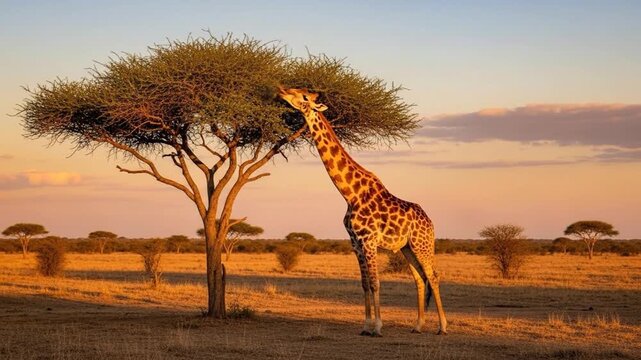 Giraffe eating from acacia tree at sunset in African savanna landscape
