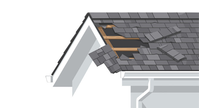 A close-up illustration shows a damaged house roof corner with missing shingles and a white gutter.