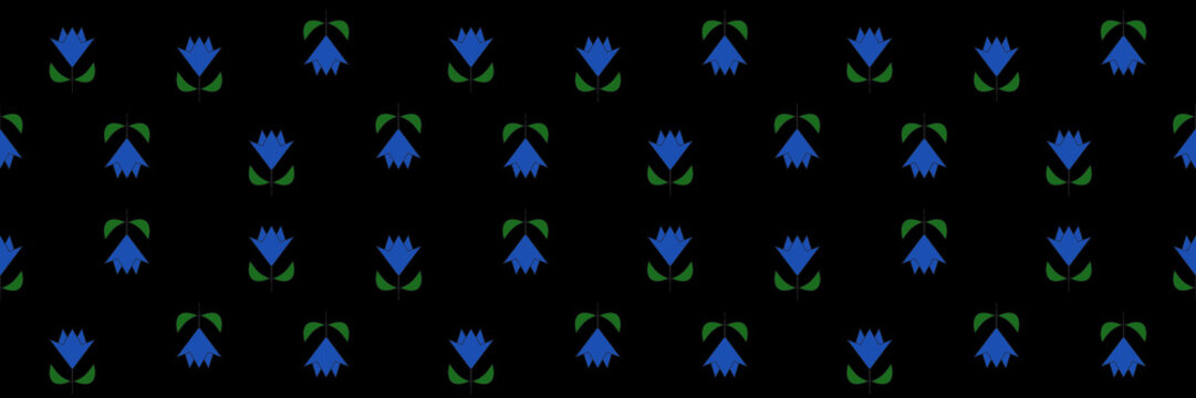 Seamless pattern doodle colored blue tulip on a black background. Simple pattern design clothes, background, cover, fabric, textile, wallpaper.