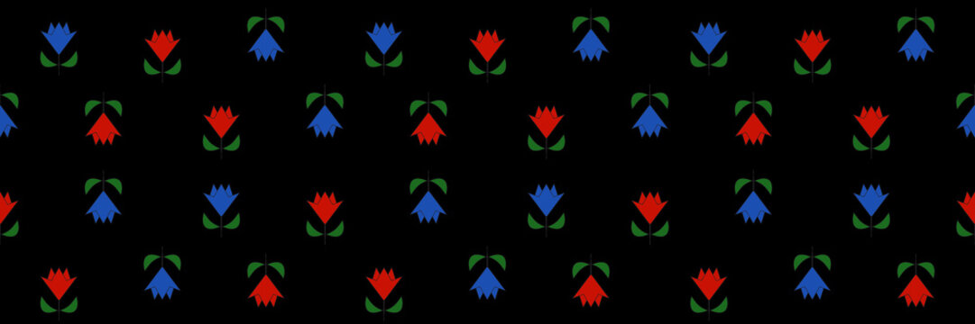 Seamless pattern doodle colored red and blue tulip on a black background. Simple pattern design clothes, background, cover, fabric, textile, wallpaper.