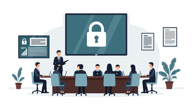A presenter addresses seven attendees around a brown conference table with a large screen displaying a white padlock and a smaller data screen.