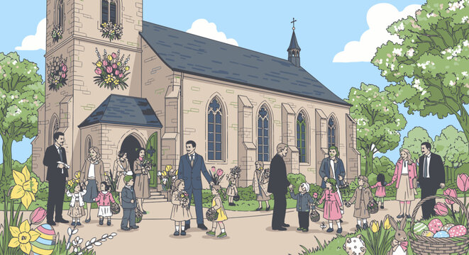 Illustration of a church with people gathered outside, surrounded by trees and flowers on a sunny day with blue sky and white clouds.