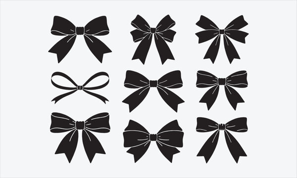 Collection of hand drawn bows, ribbons. For Christmas ornament, holiday, party decor, birthday, festive gift, presents wrapping, xmas sale, valentine and mor