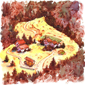 Watercolor Painting of Alpine Village Scene