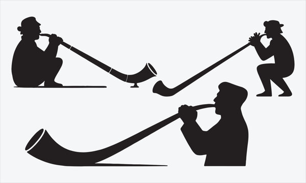 Swiss Alphorn Player Silhouette Art on White Vector, vector illustration