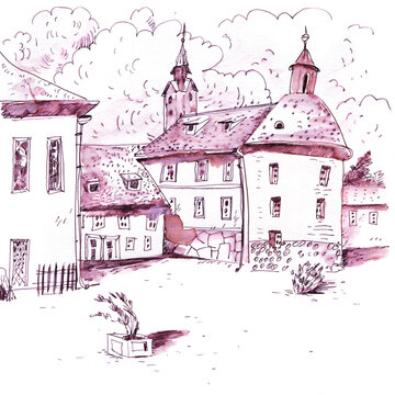 Watercolor Illustration of European Town Square