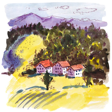 Watercolor Painting of Alpine Village