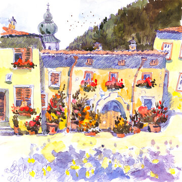 Watercolor Painting of European Village Buildings