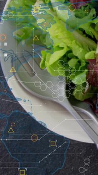 Vertical video: Thin blue outline appearing, hex HUD tracking bowl and scanning salad for foodtech
