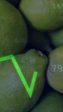 Vertical video: Pears filling macro overlay starting with graphs over pears showing food metrics
