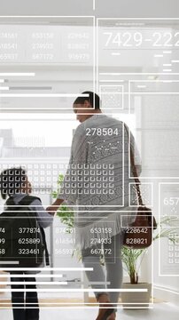 Vertical video: Mom guiding child entering hall, edtech overlays tracking backpack for school