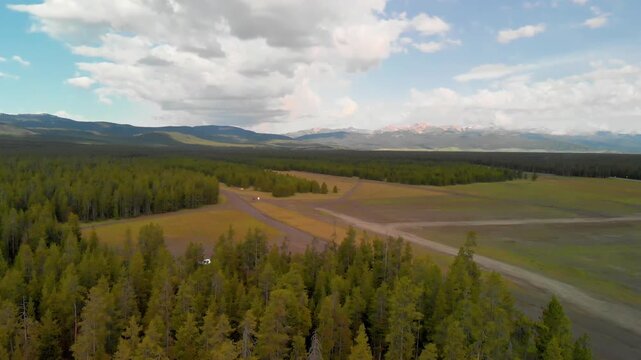 Aerial view of West Yellowstone, town and forest near the National Park
