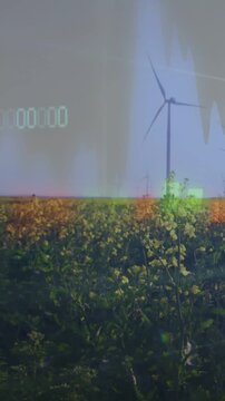 Vertical video: Breeze moving turbine, crops swaying, pan revealing turbines, glows showing power