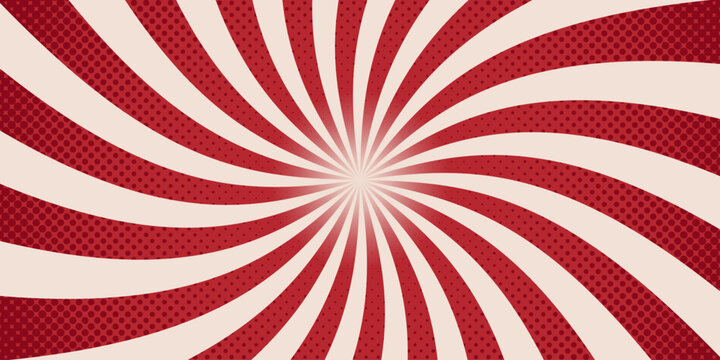 Red comic sunburst effect background with halftone dots. Vintage carnival circus pattern with radial swirl lines. Spiral red and beige rays. Pop art 70s retro design poster. Vector illustration