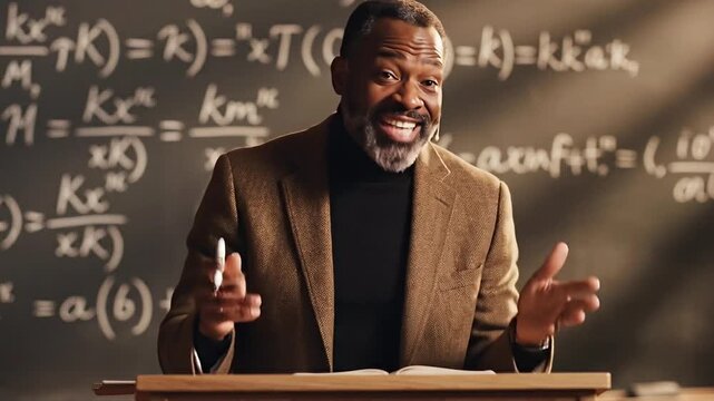 Male professor explaining complex mathematical equations in classroom, cinematic footage.
