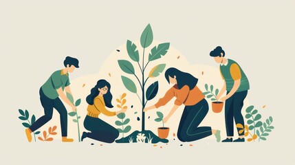 Fototapeta premium Volunteers planting tree together, community gardening concept
