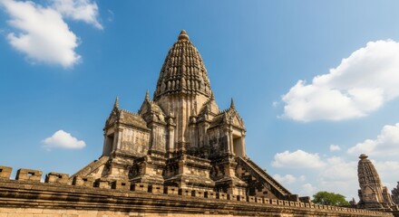 Fototapeta premium Ancient temple with intricate architecture under a blue sky, historical travel destination in Southeast Asia