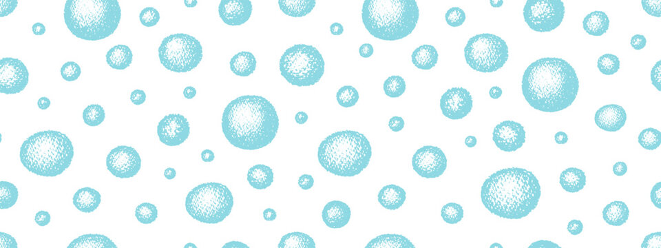 Crayon air bubbles in water, soap foam or champagne. Seamless pattern with blue hand drawn doodle balls with chalk texture on white background. Pattern with crayon soap bubbles, vector illustration