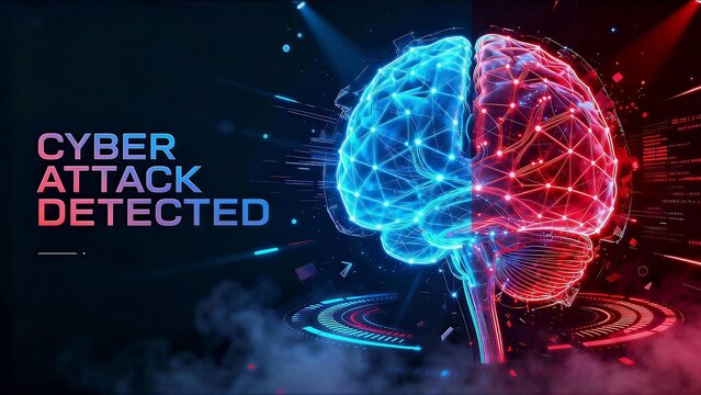 AI Brain Under Cyber Attack with Red and Blue Data Conflict Visualization