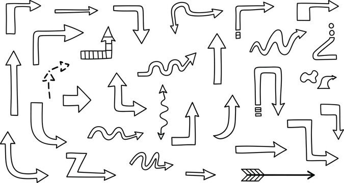 Collection of hand drawn arrows and directional indicators in black and white sketch style ideal for diagrams and presentations