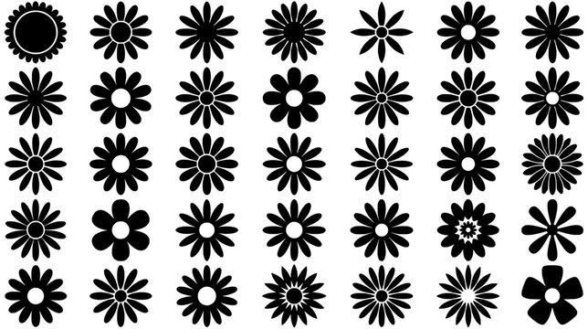 Collection of various minimalist black floral icons and simple flower shapes in a grid