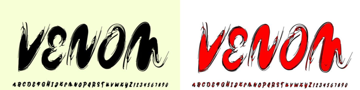 Vintage typeface design. Graphic display alphabet. Fantasy type letters. Latin characters, numbers, accent marks. Vector illustration. Old badge, label, logo template