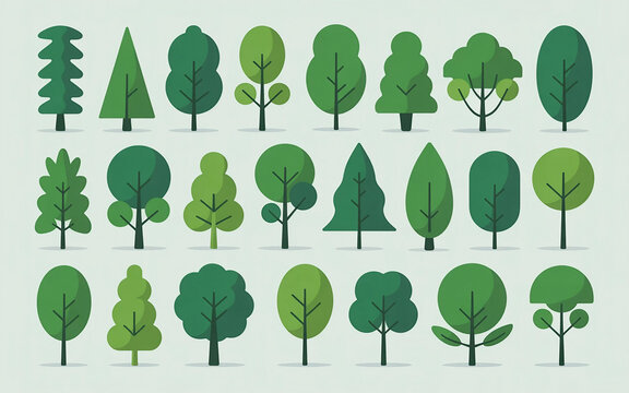 A collection of various green tree icons on a white background