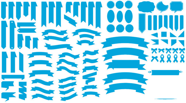 A vast collection of blue graphic design elements, including various styles of ribbons, banners, labels, speech bubbles, and basic shapes, suitable for decorative purposes.