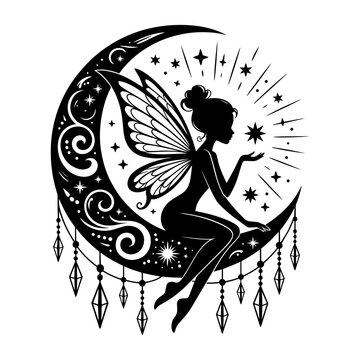 Fairy Sitting on Crescent Moon Vector Design